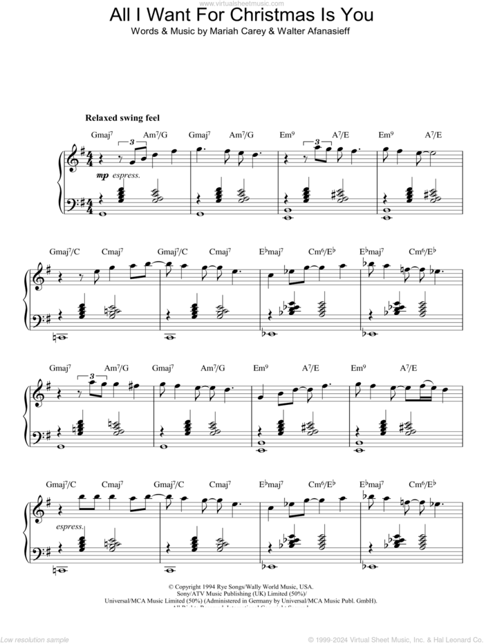 All I Want For Christmas Is You sheet music for piano solo by Mariah Carey, Olivia Olson and Walter Afanasieff, intermediate skill level