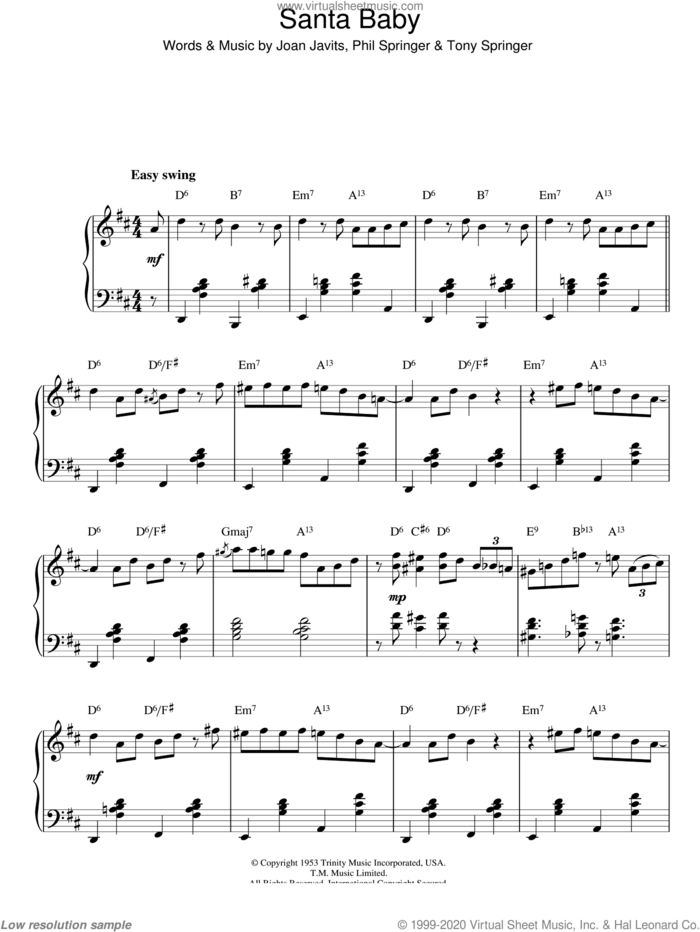 Santa Baby, (intermediate) sheet music for piano solo by Eartha Kitt, Joan Javits, Phil Springer and Tony Springer, intermediate skill level