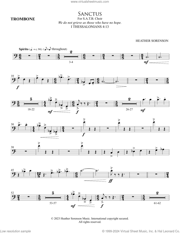 Sanctus (Chamber Orc.) sheet music for orchestra/band (trombone) by Heather Sorenson and I Thessalonians 4:13, intermediate skill level