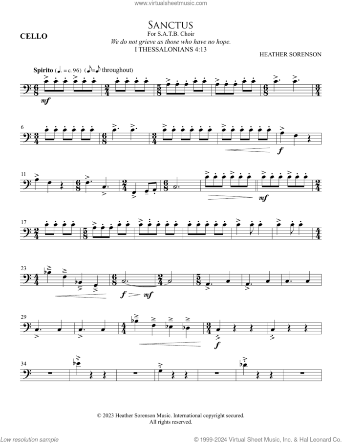 Sanctus (Chamber Orc.) sheet music for orchestra/band (cello) by Heather Sorenson and I Thessalonians 4:13, intermediate skill level