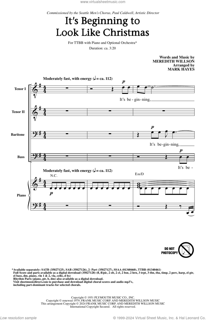 It's Beginning To Look Like Christmas (arr. Mark Hayes) sheet music for choir (TTBB: tenor, bass) by Meredith Willson and Mark Hayes, intermediate skill level
