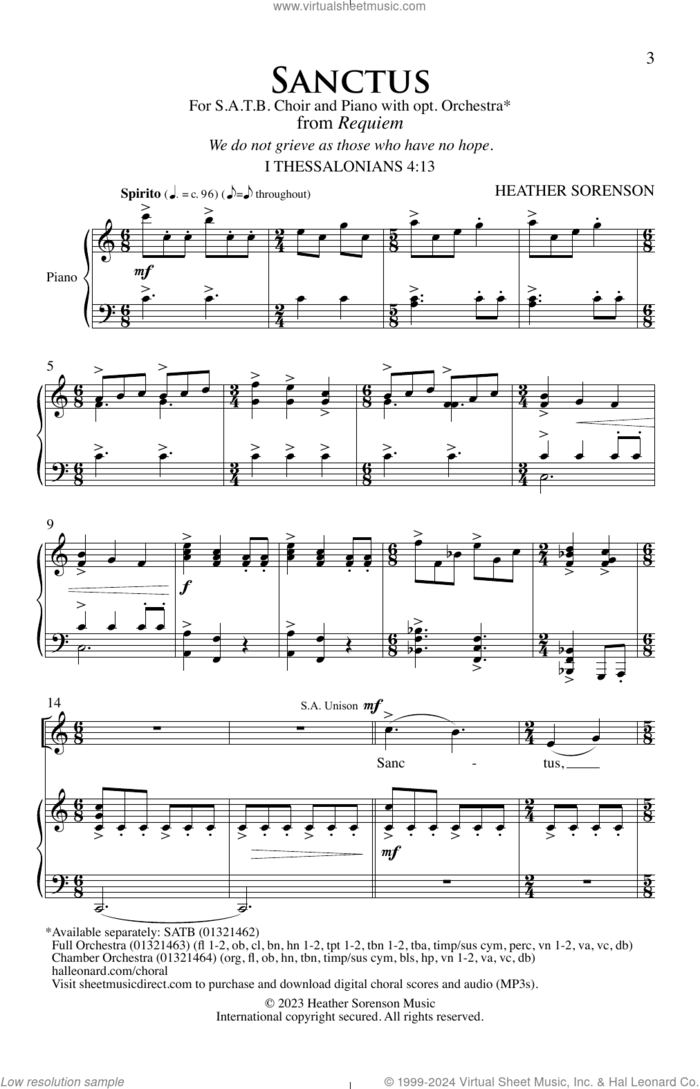 Sanctus sheet music for choir (SATB: soprano, alto, tenor, bass) by Heather Sorenson and I Thessalonians 4:13, intermediate skill level