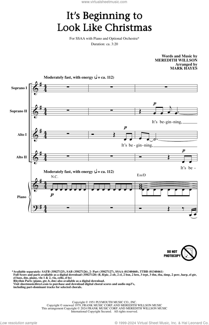 It's Beginning To Look Like Christmas (arr. Mark Hayes) sheet music for choir (SSAA: soprano, alto) by Meredith Willson and Mark Hayes, intermediate skill level