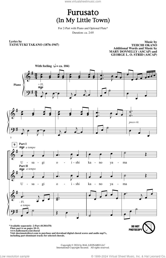 Furusato (In My Little Town) sheet music for choir (2-Part) by Mary Donnelly, George L.O. Strid, Mary Donnelly & George L.O. Strid, Tatsuyuki Takano and Teiichi Okano, intermediate duet