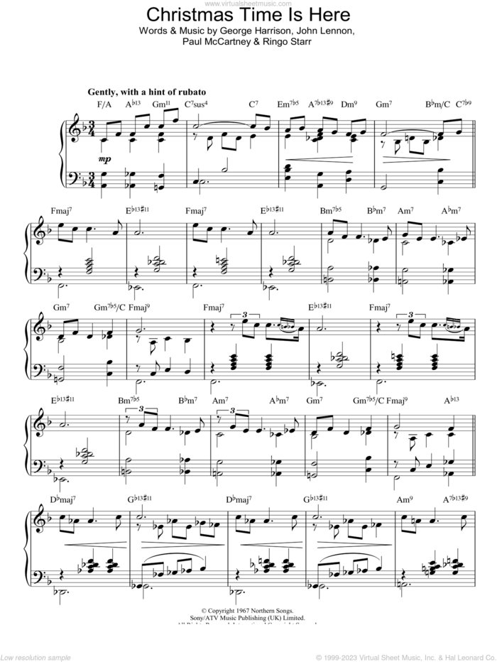 Christmas Time (Is Here Again), (intermediate) sheet music for piano solo by The Beatles, George Harrison, John Lennon, Paul McCartney and Ringo Starr, intermediate skill level