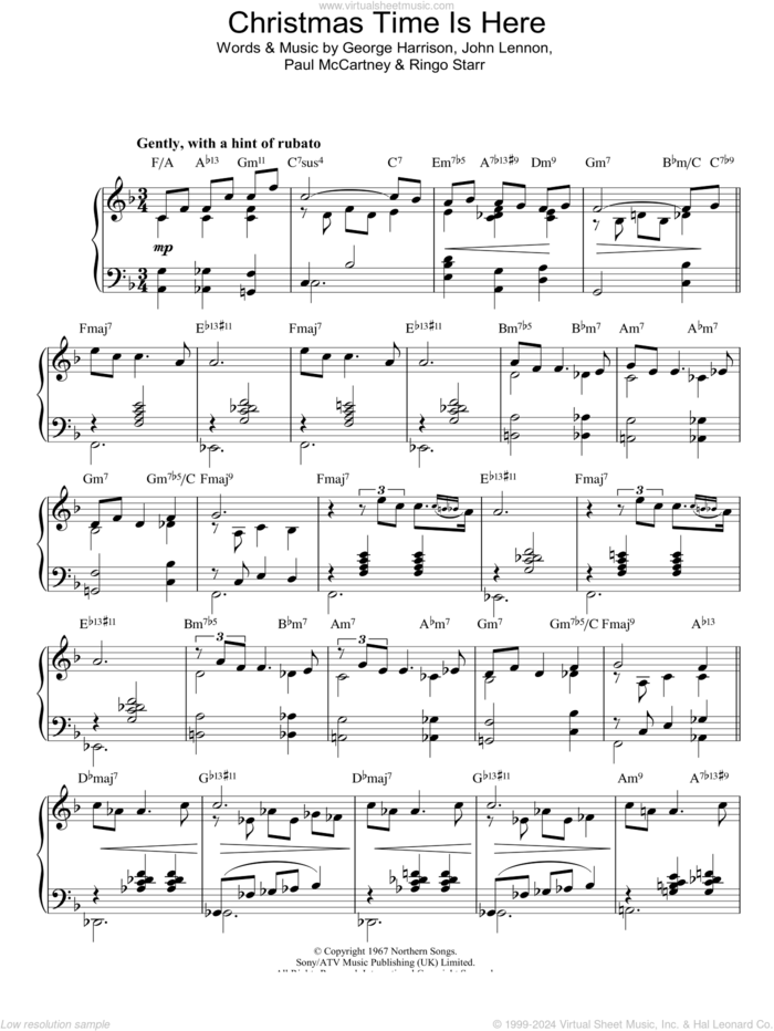 Christmas Time (Is Here Again), (intermediate) sheet music for piano solo by The Beatles, George Harrison, John Lennon, Paul McCartney and Ringo Starr, intermediate skill level