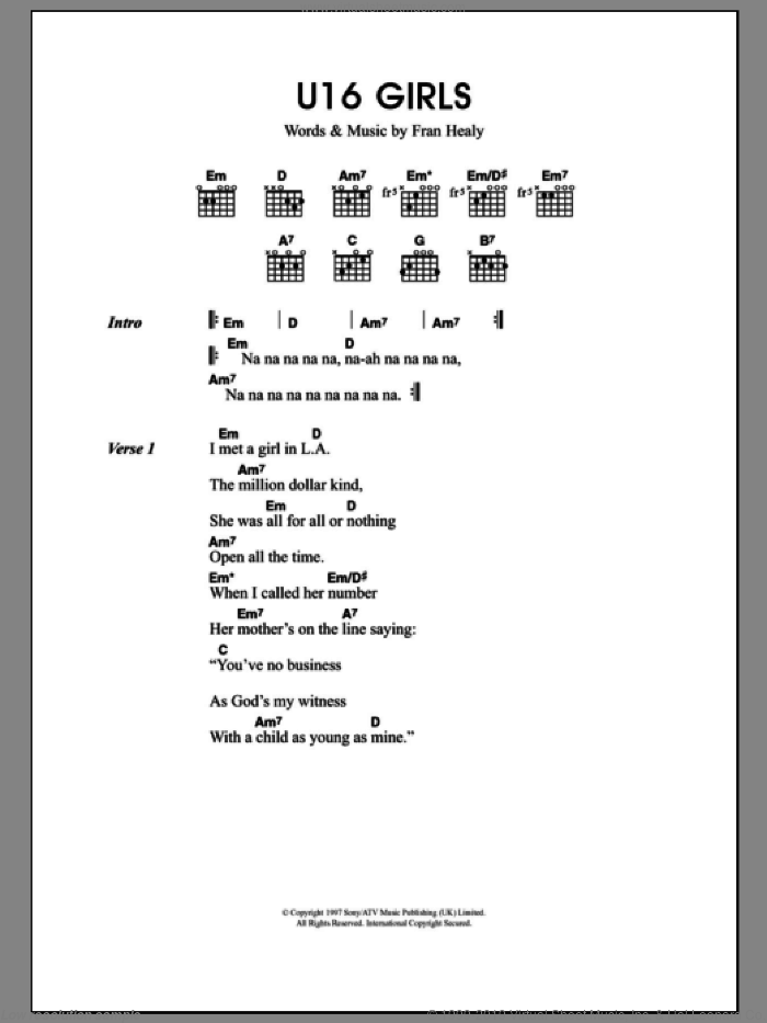 U16 Girls sheet music for guitar (chords) by Merle Travis and Fran Healy, intermediate skill level