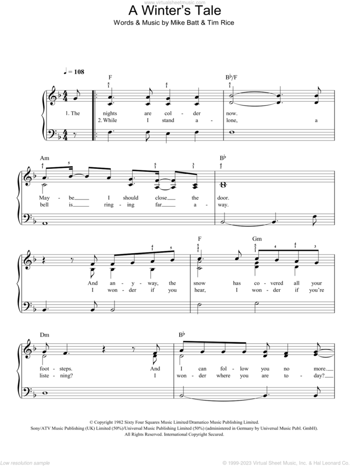 A Winter's Tale sheet music for piano solo by David Essex, Mike Batt and Tim Rice, easy skill level