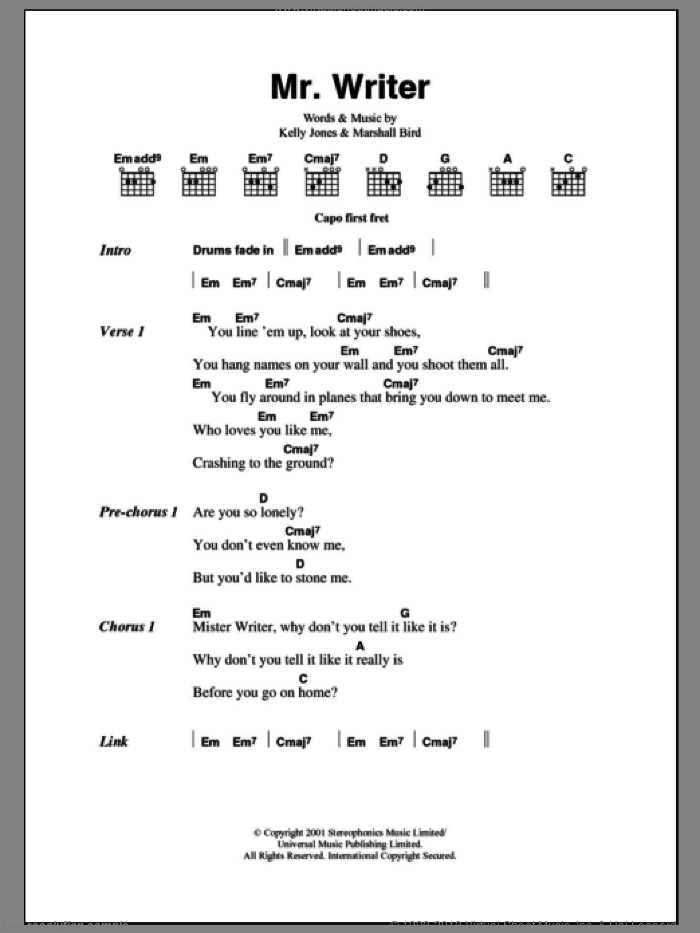 Mr. Writer sheet music for guitar (chords) by Stereophonics, Kelly Jones and Marshall Bird, intermediate skill level