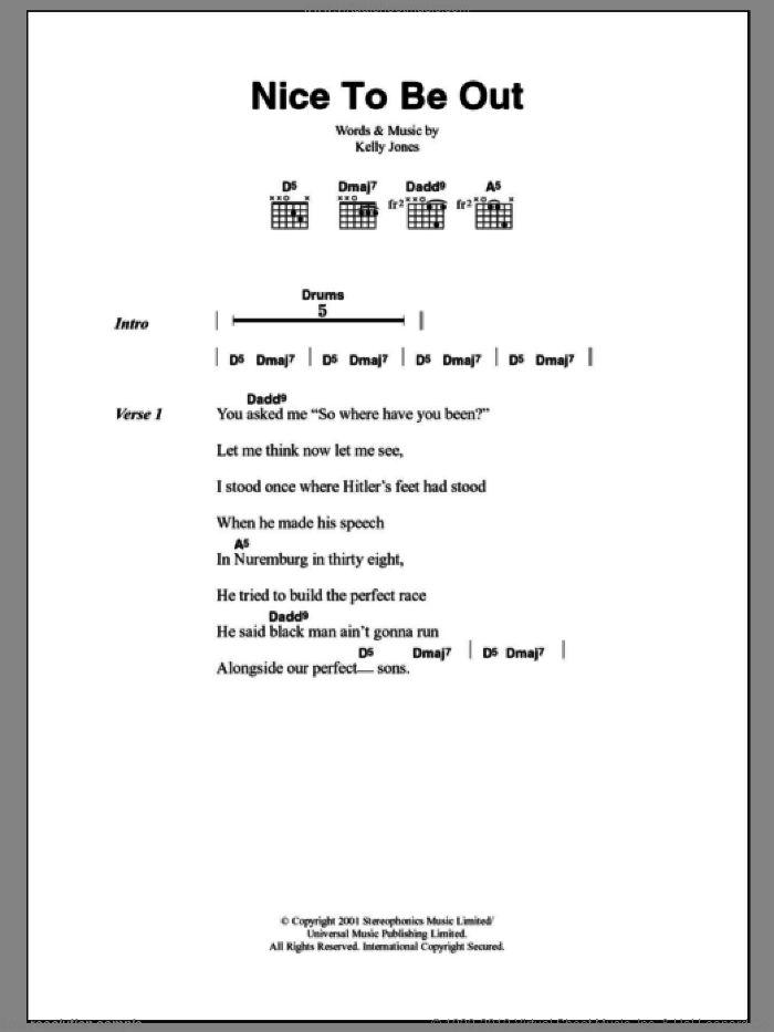 Nice To Be Out sheet music for guitar (chords) by Stereophonics and Kelly Jones, intermediate skill level