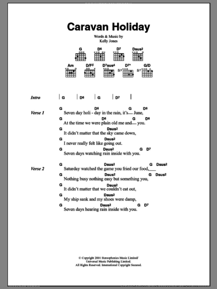 Caravan Holiday sheet music for guitar (chords) by Stereophonics and Kelly Jones, intermediate skill level