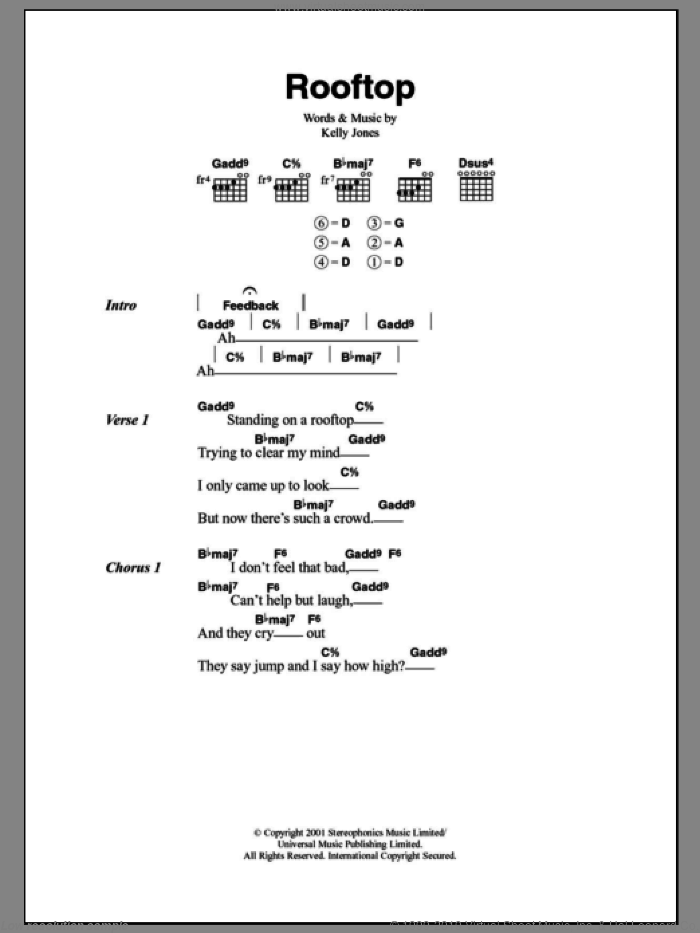 Rooftop sheet music for guitar (chords) by Stereophonics and Kelly Jones, intermediate skill level