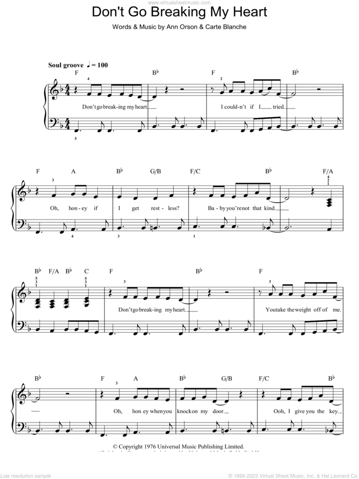 Don't Go Breaking My Heart sheet music for piano solo by Elton John, Ann Orson and Carte Blanche, easy skill level