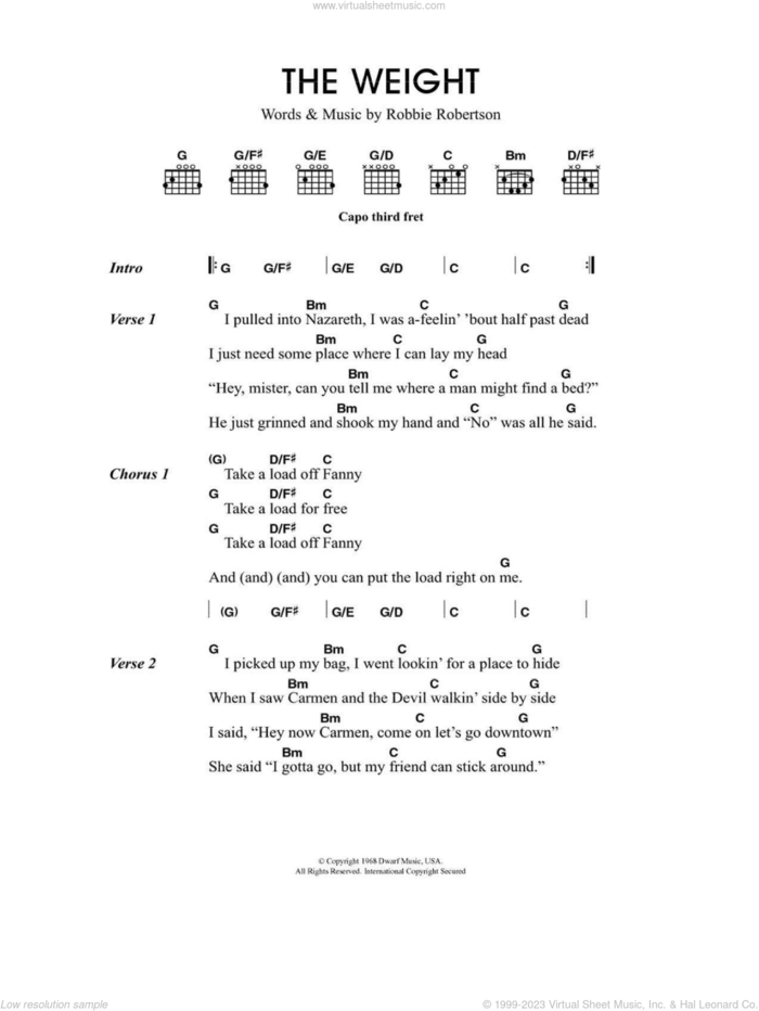 The Weight sheet music for guitar (chords) by Robbie Robertson, Merle Travis and The Band, intermediate skill level