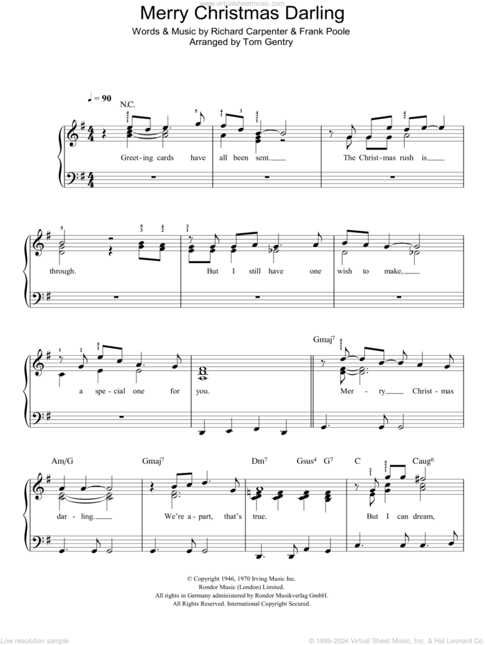 Merry Christmas Darling sheet music for piano solo by Carpenters, Frank Poole and Richard Carpenter, easy skill level