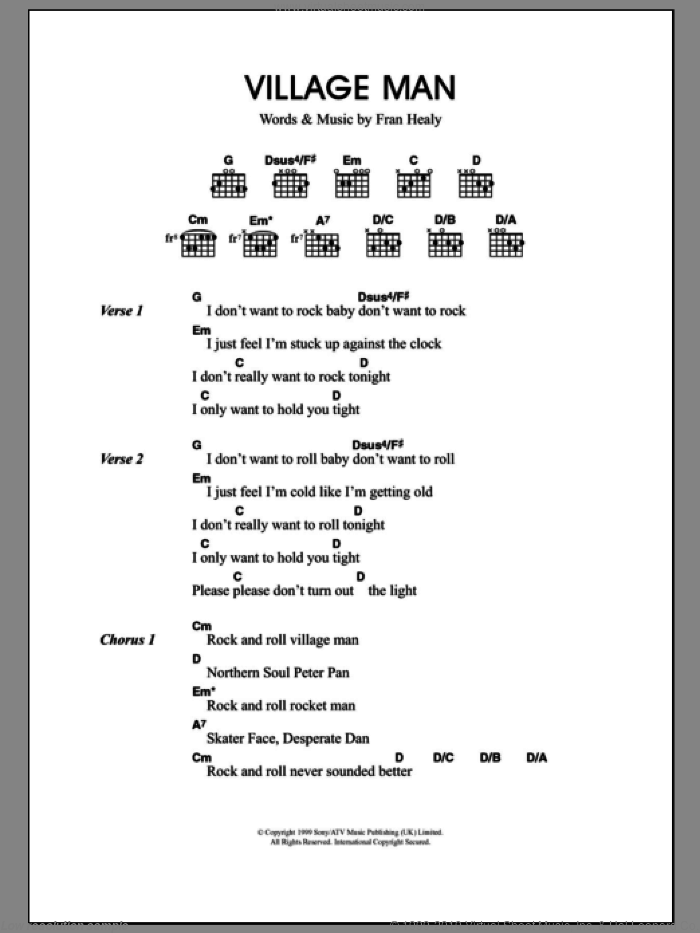 Village Man sheet music for guitar (chords) by Merle Travis and Fran Healy, intermediate skill level