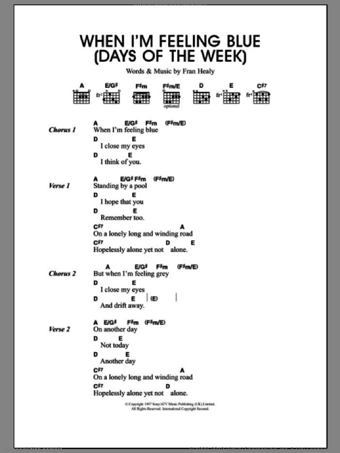 When I'm Feeling Blue (Seven Days Of The Week) sheet music for guitar (chords) by Merle Travis and Fran Healy, intermediate skill level