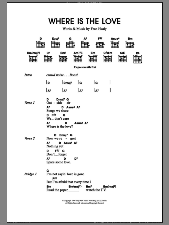 Where Is The Love sheet music for guitar (chords) by Merle Travis and Fran Healy, intermediate skill level