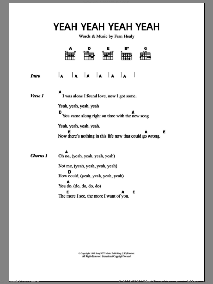 Yeah Yeah Yeah Yeah sheet music for guitar (chords) by Merle Travis and Fran Healy, intermediate skill level
