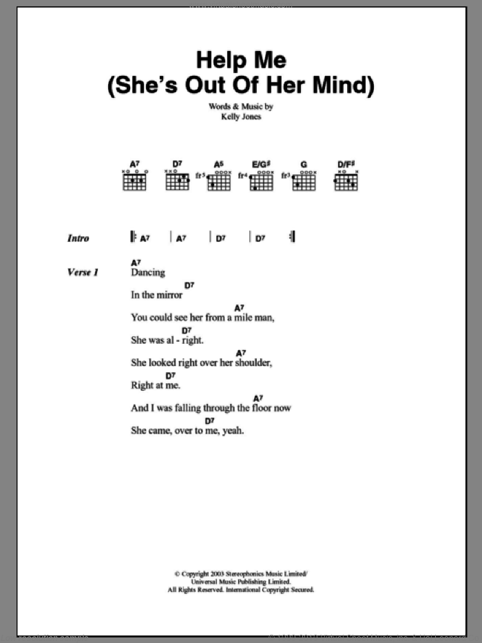 Help Me (She's Out Of Her Mind) sheet music for guitar (chords) by Stereophonics and Kelly Jones, intermediate skill level