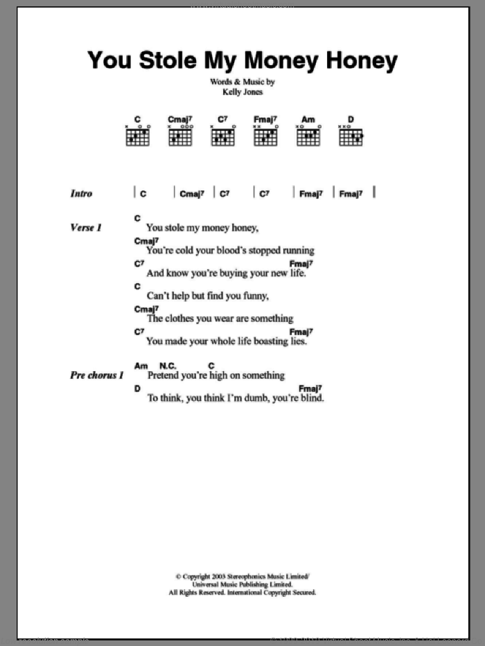 You Stole My Money Honey sheet music for guitar (chords) by Stereophonics and Kelly Jones, intermediate skill level