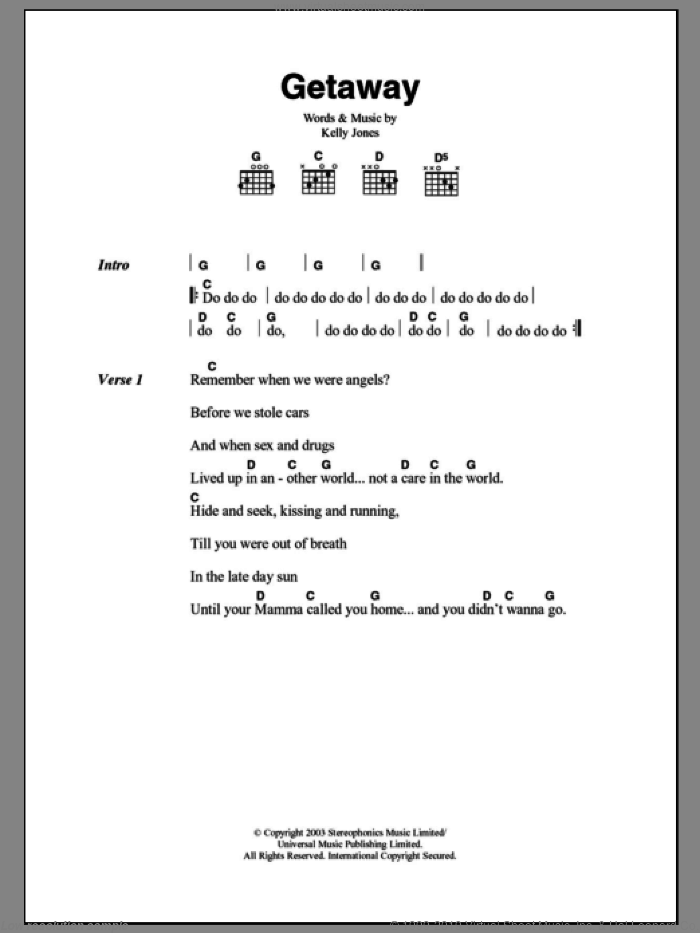 Getaway sheet music for guitar (chords) by Stereophonics and Kelly Jones, intermediate skill level