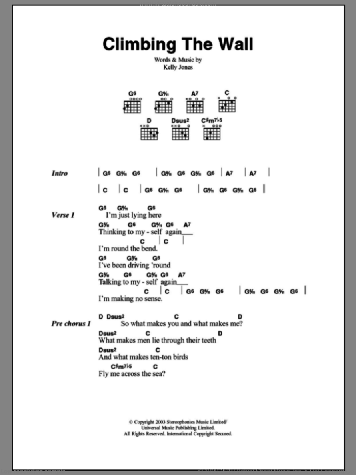 Climbing The Wall sheet music for guitar (chords) by Stereophonics and Kelly Jones, intermediate skill level