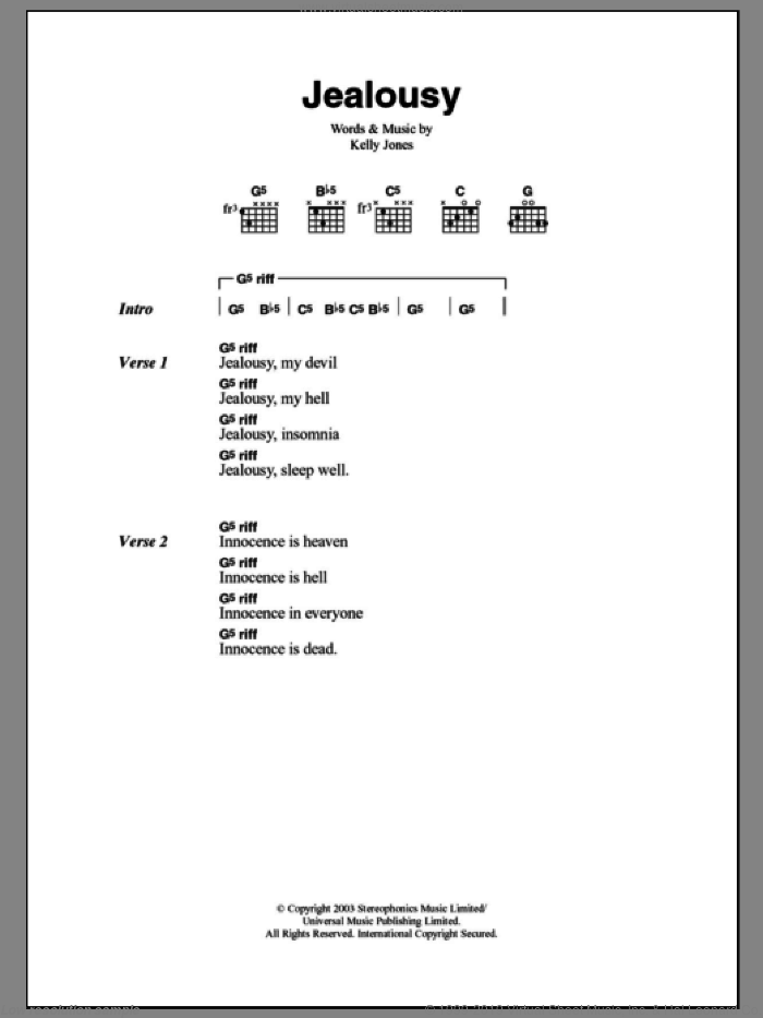 Jealousy sheet music for guitar (chords) by Stereophonics and Kelly Jones, intermediate skill level