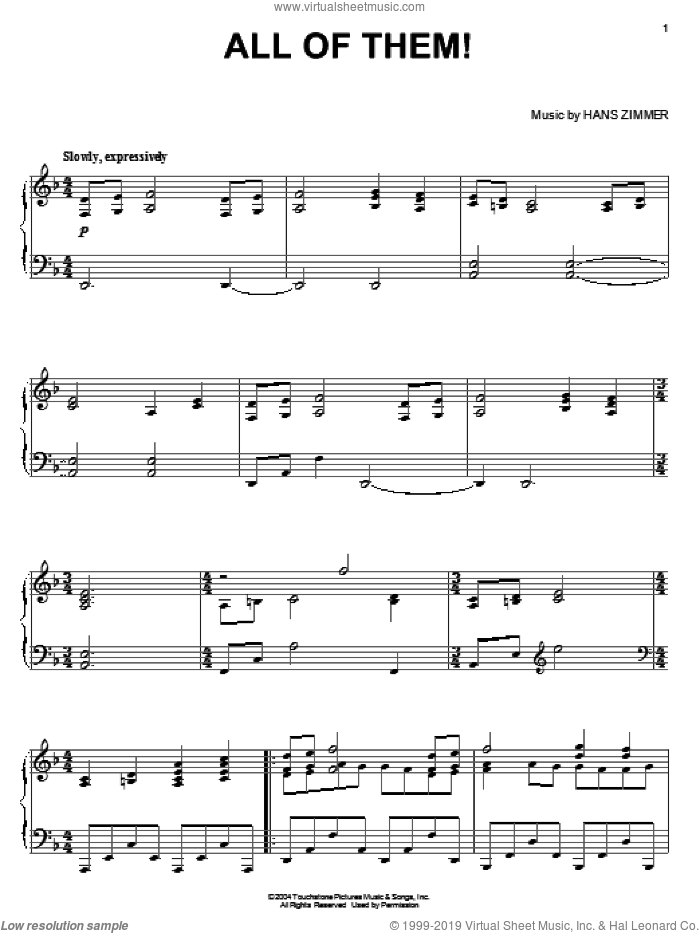 All Of Them! sheet music for piano solo by Hans Zimmer, intermediate skill level