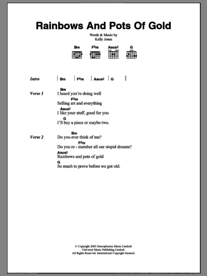 Rainbows And Pots Of Gold sheet music for guitar (chords) by Stereophonics and Kelly Jones, intermediate skill level