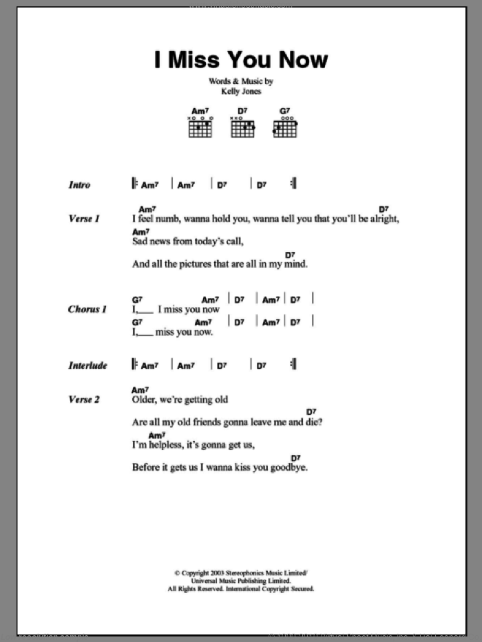I Miss You Now sheet music for guitar (chords) by Stereophonics and Kelly Jones, intermediate skill level