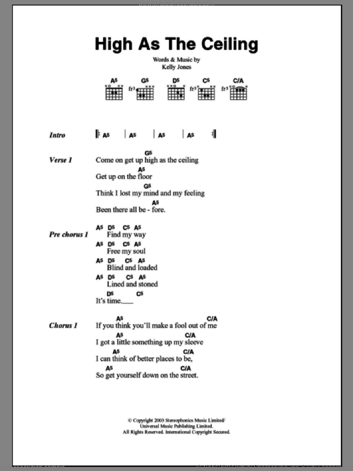 High As The Ceiling sheet music for guitar (chords) by Stereophonics and Kelly Jones, intermediate skill level