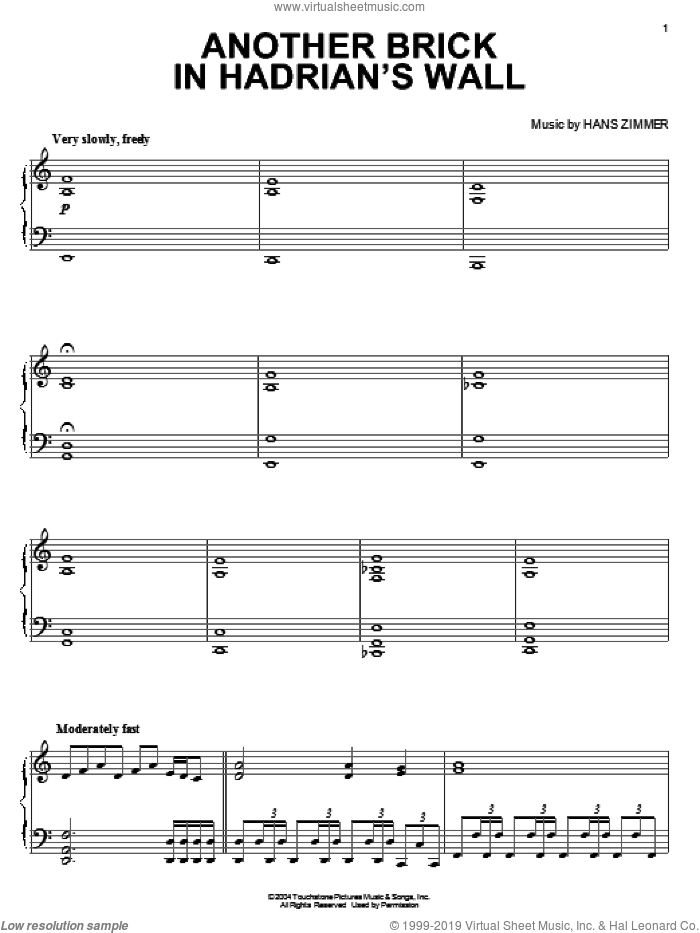 Another Brick In Hadrian's Wall sheet music for piano solo by Hans Zimmer, intermediate skill level