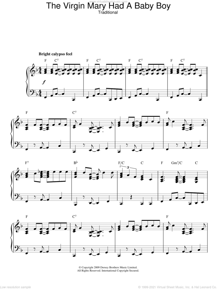 The Virgin Mary Had A Baby Boy sheet music for piano solo, intermediate skill level