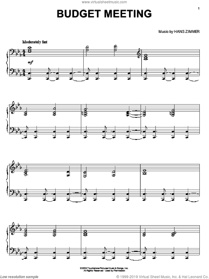 Budget Meeting sheet music for piano solo by Hans Zimmer, intermediate skill level