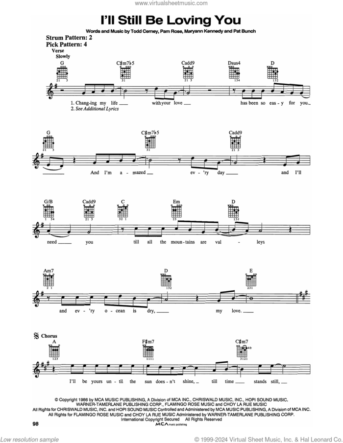 I'll Still Be Loving You sheet music for guitar solo (chords) by Restless Heart, Maryann Kennedy, Pam Rose, Pat Bunch and Todd Cerney, easy guitar (chords)