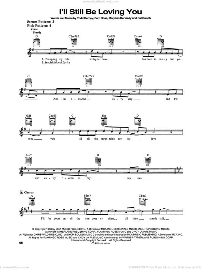 I'll Still Be Loving You sheet music for guitar solo (chords) by Restless Heart, Maryann Kennedy, Pam Rose, Pat Bunch and Todd Cerney, easy guitar (chords)