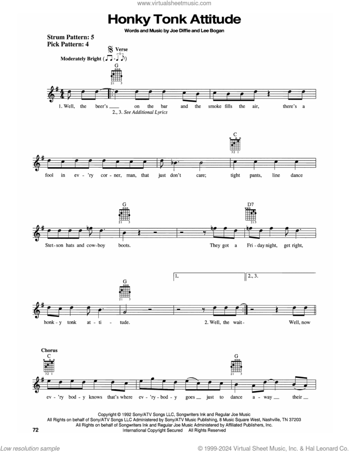 Honky Tonk Attitude sheet music for guitar solo (chords) by Joe Diffie and Lee Bogan, easy guitar (chords)