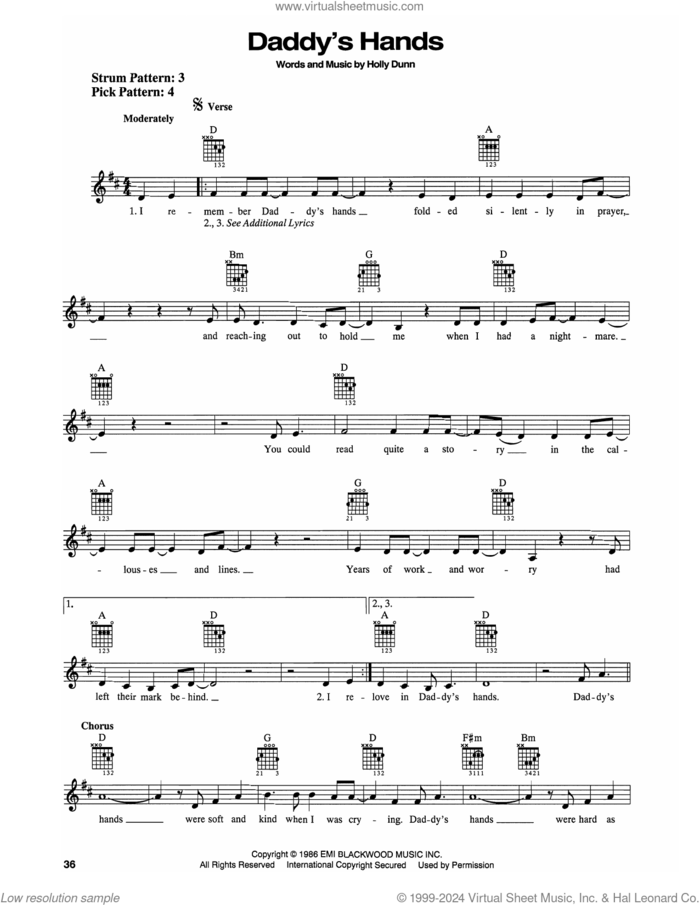 Daddy's Hands sheet music for guitar solo (chords) by Holly Dunn, easy guitar (chords)