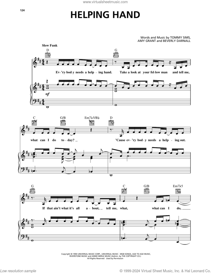 Helping Hand sheet music for voice, piano or guitar by Amy Grant, Beverly Darnall and Tommy Sims, intermediate skill level