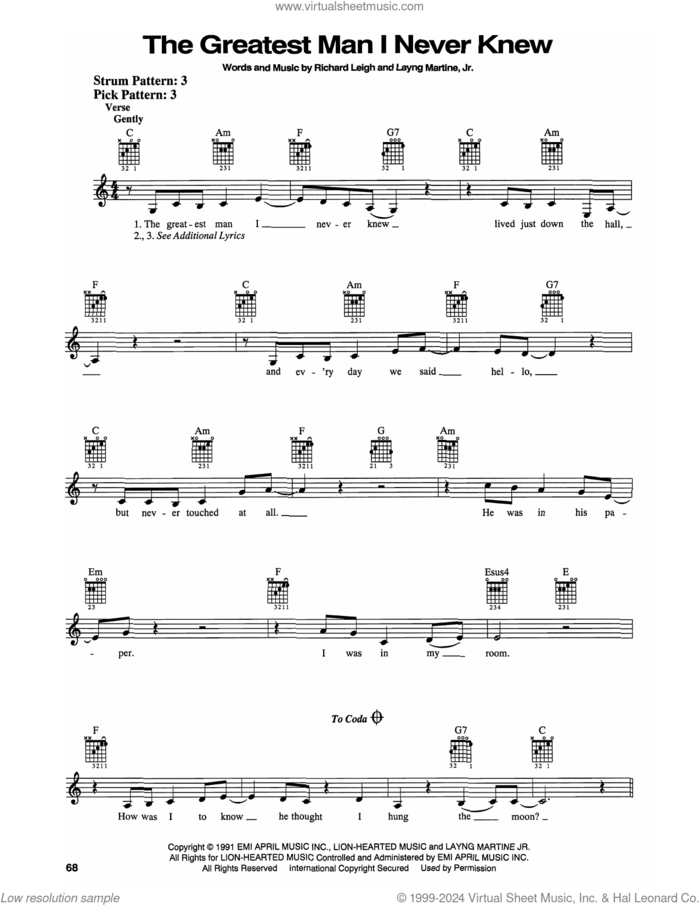 The Greatest Man I Never Knew sheet music for guitar solo (chords) by Reba McEntire, Layng Martine Jr. and Richard Leigh, easy guitar (chords)