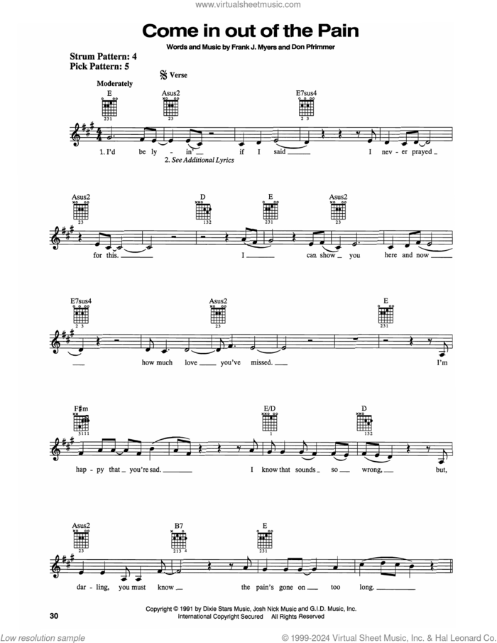 Come In Out Of The Pain sheet music for guitar solo (chords) by Doug Stone, Don Pfrimmer and Frank J. Myers, easy guitar (chords)