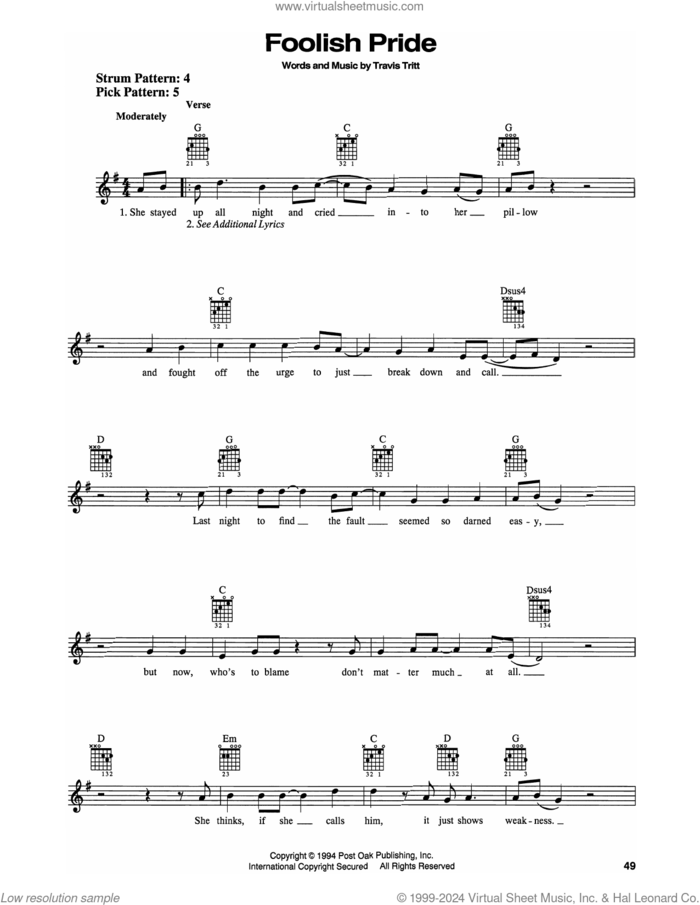 Foolish Pride sheet music for guitar solo (chords) by Travis Tritt, easy guitar (chords)