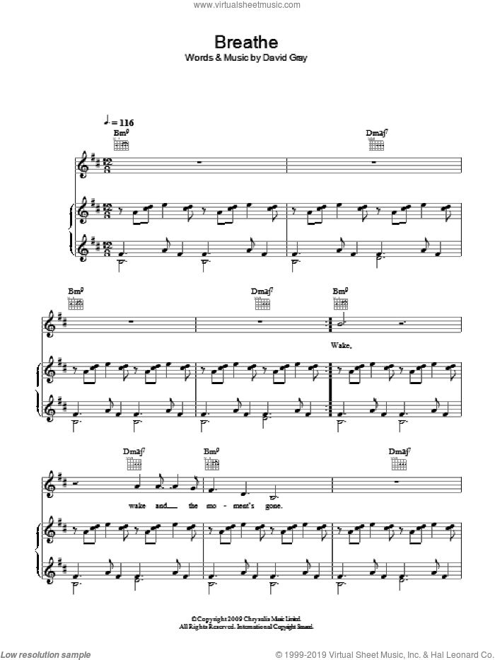 Breathe sheet music for voice, piano or guitar by David Gray, intermediate skill level