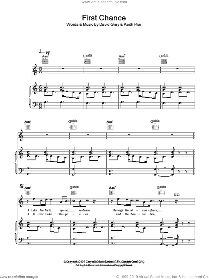 First Chance sheet music for voice, piano or guitar by David Gray and Keith Prior, intermediate skill level