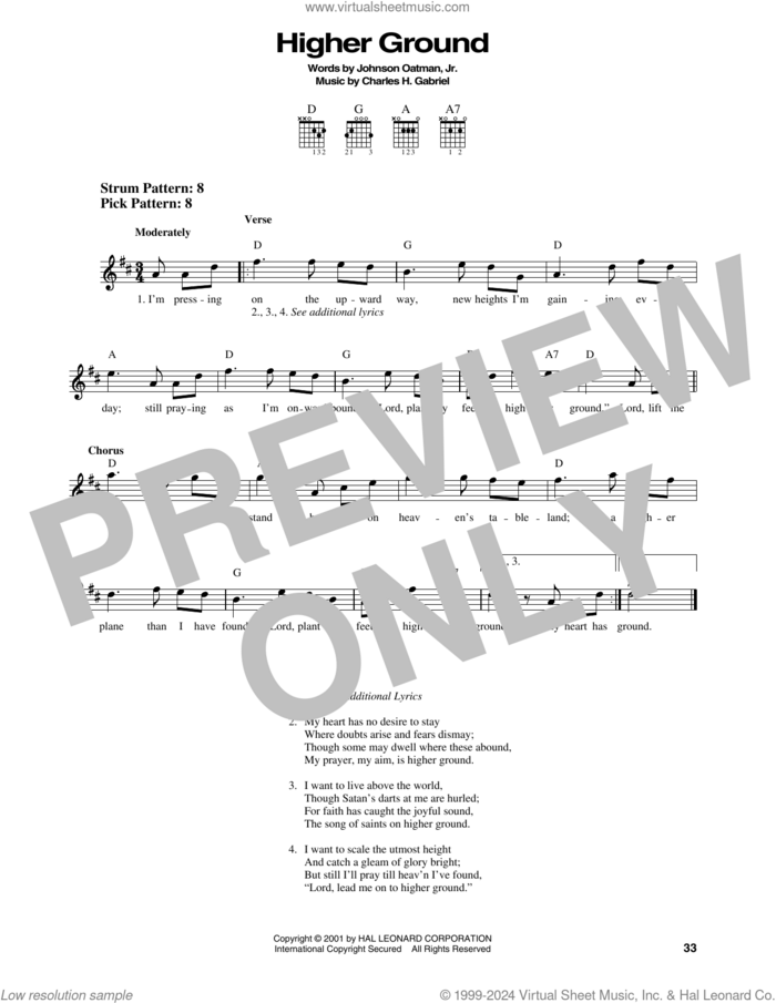 Higher Ground sheet music for guitar solo (chords) by Charles H. Gabriel and Johnson Oatman, Jr., easy guitar (chords)