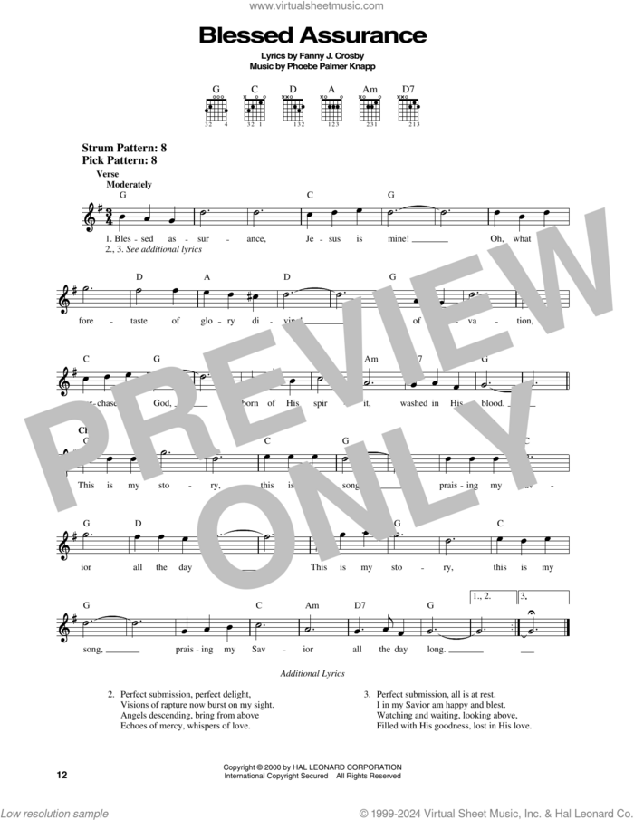 Blessed Assurance sheet music for guitar solo (chords) by Fanny J. Crosby and Phoebe Palmer Knapp, easy guitar (chords)