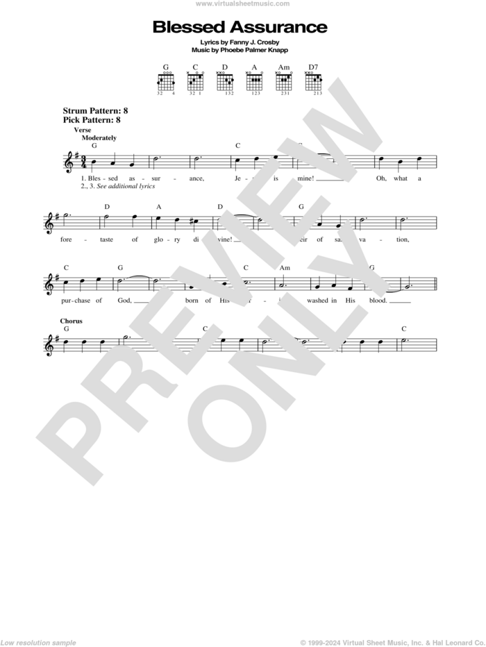 Blessed Assurance sheet music for guitar solo (chords) by Fanny J. Crosby and Phoebe Palmer Knapp, easy guitar (chords)