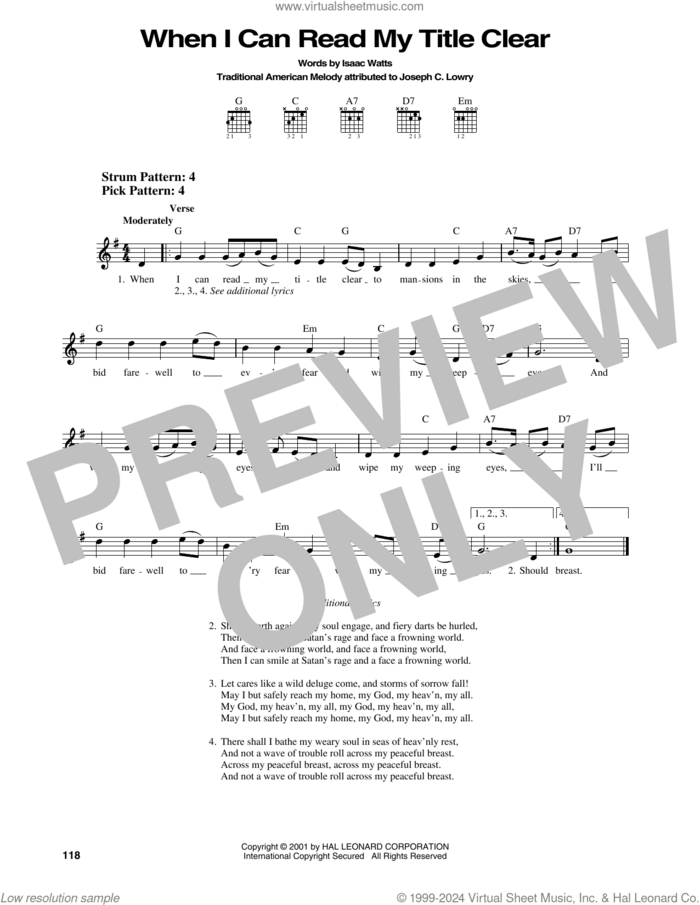 When I Can Read My Title Clear sheet music for guitar solo (chords) by Isaac Watts, Kentucky Harmony and Miscellaneous, easy guitar (chords)