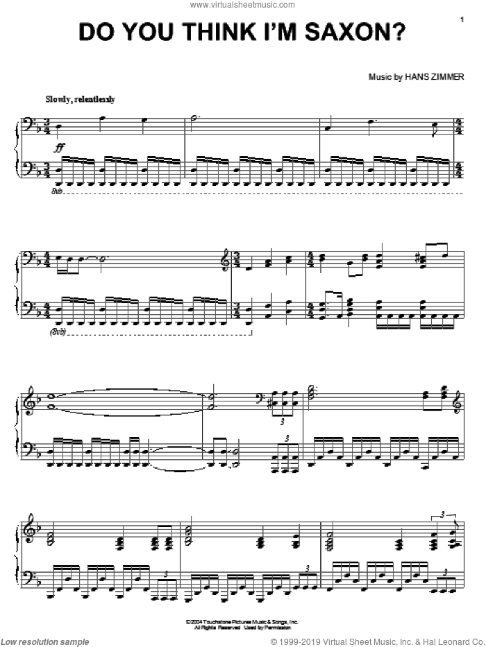 Do You Think I'm Saxon? sheet music for piano solo by Hans Zimmer, intermediate skill level